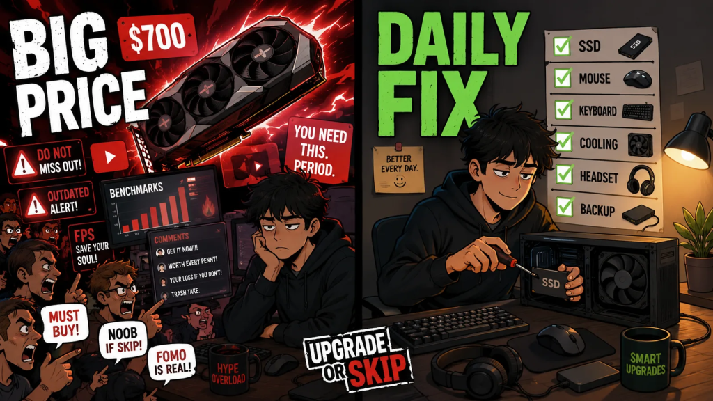 A skeptical tech user compares an expensive GPU upgrade with small practical PC upgrades that improve daily use.