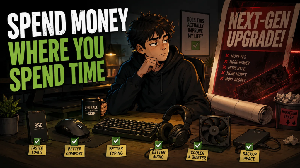 A skeptical tech user focuses on practical daily PC upgrades while ignoring next-gen upgrade marketing.