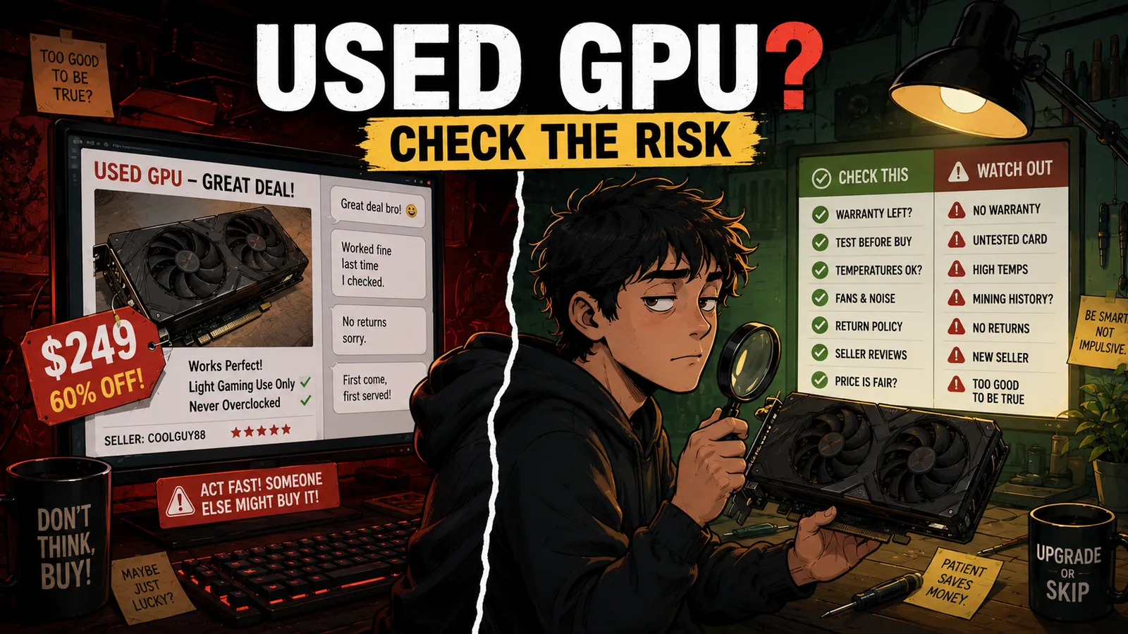 A skeptical tech user checks a used GPU deal while reviewing warranty, testing, temperature, and return risk.