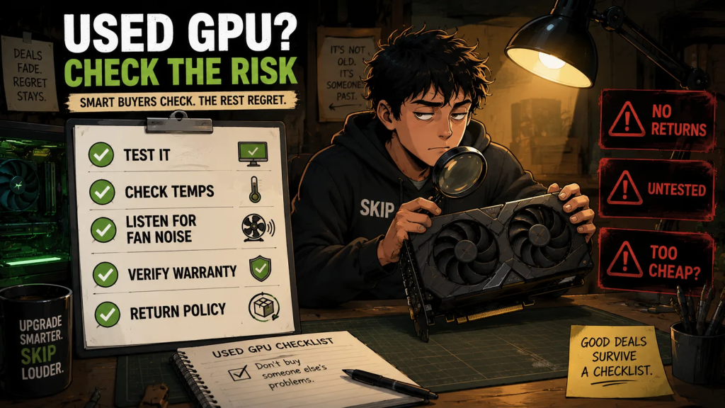 A skeptical tech user checks a used graphics card for temperatures, fan noise, warranty, testing, and return policy.