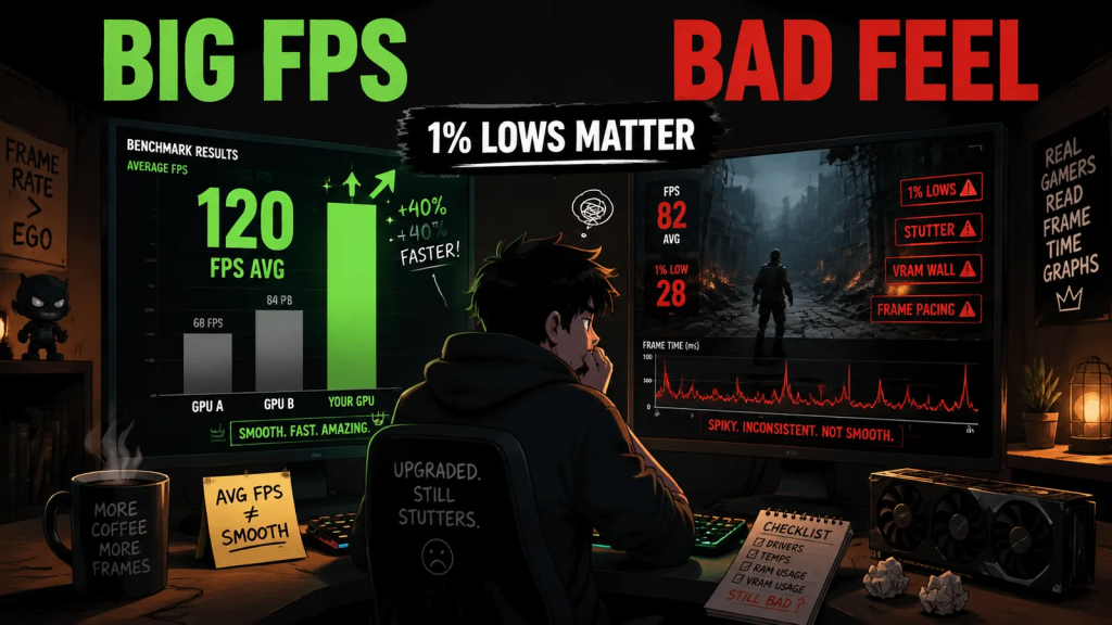 A gamer looking at benchmark charts while high FPS still feels stuttery in real gameplay