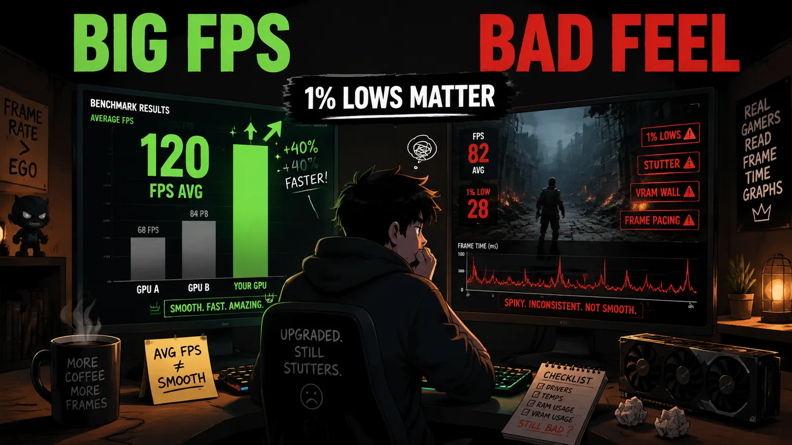 A gamer looking at benchmark charts while high FPS still feels stuttery in real gameplay
