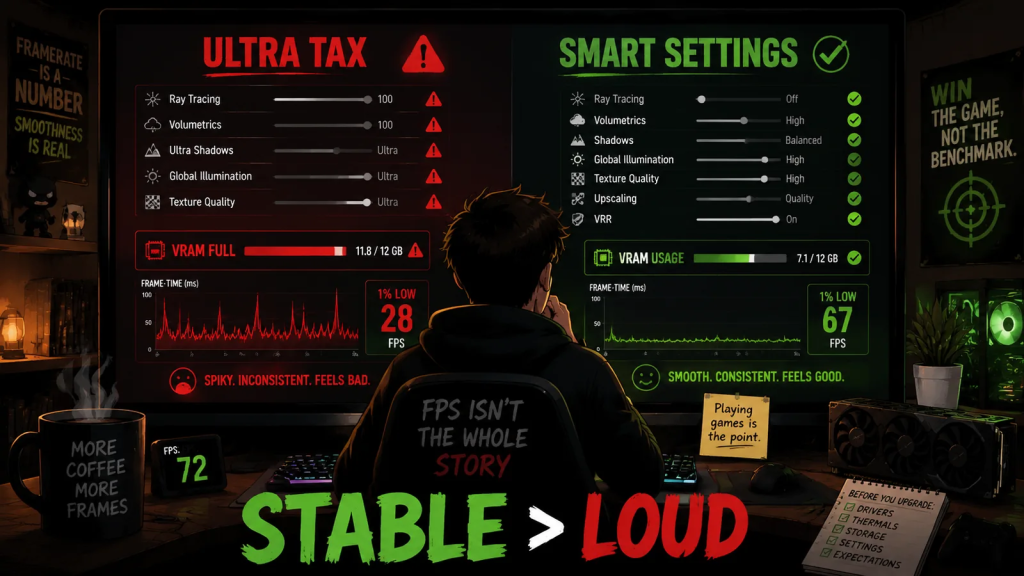 A gamer choosing better settings instead of blindly chasing ultra benchmark numbers