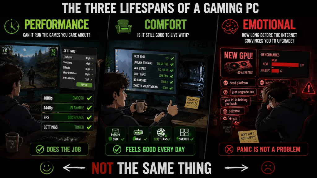Three different lifespans of a gaming PC: performance, comfort, and emotional upgrade pressure