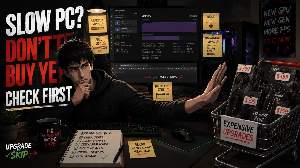 A slow gaming PC with Task Manager open before buying new hardware