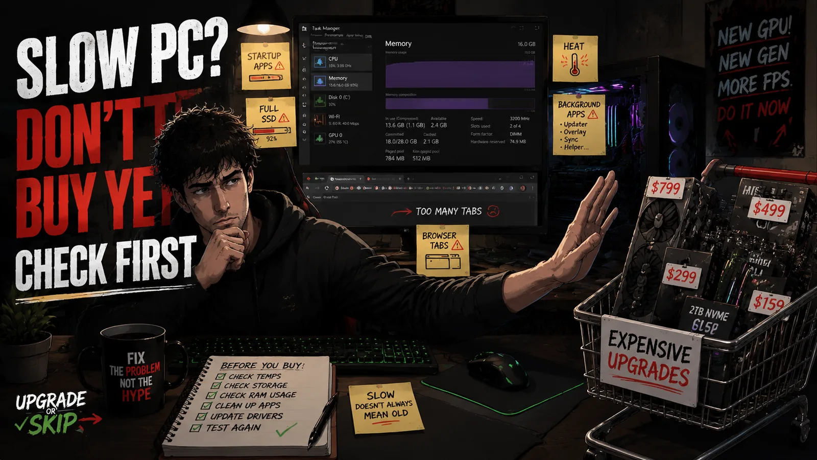A slow gaming PC with Task Manager open before buying new hardware