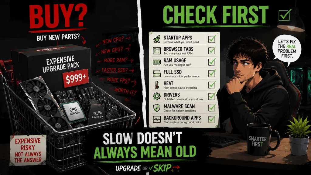 A checklist showing common reasons a PC feels slow before upgrading hardware