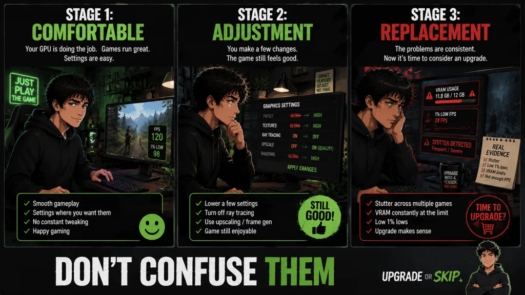 A three stage GPU lifespan chart showing comfortable adjustment and replacement stages