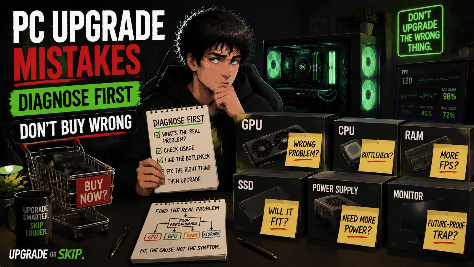 A gamer avoiding common PC upgrade mistakes before buying new hardware