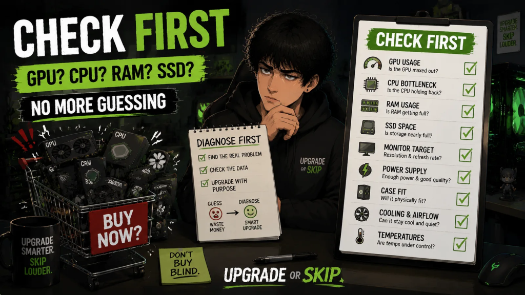 A PC upgrade checklist showing GPU CPU RAM SSD monitor power and cooling before buying