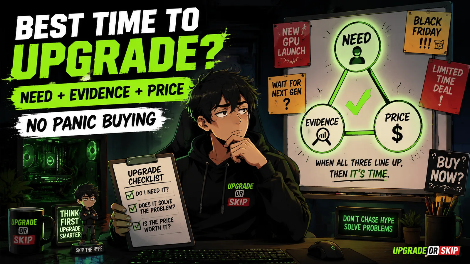 A gamer deciding the best time to upgrade a PC based on need evidence and price
