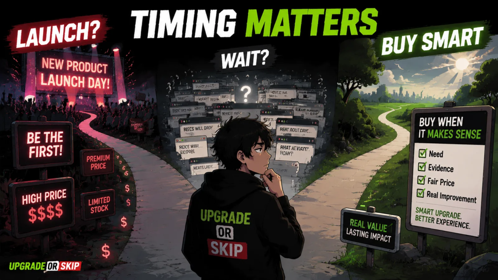 A PC buyer comparing sales launch day and waiting before upgrading hardware