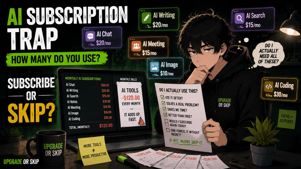 A tech user overwhelmed by multiple AI subscriptions and monthly bills