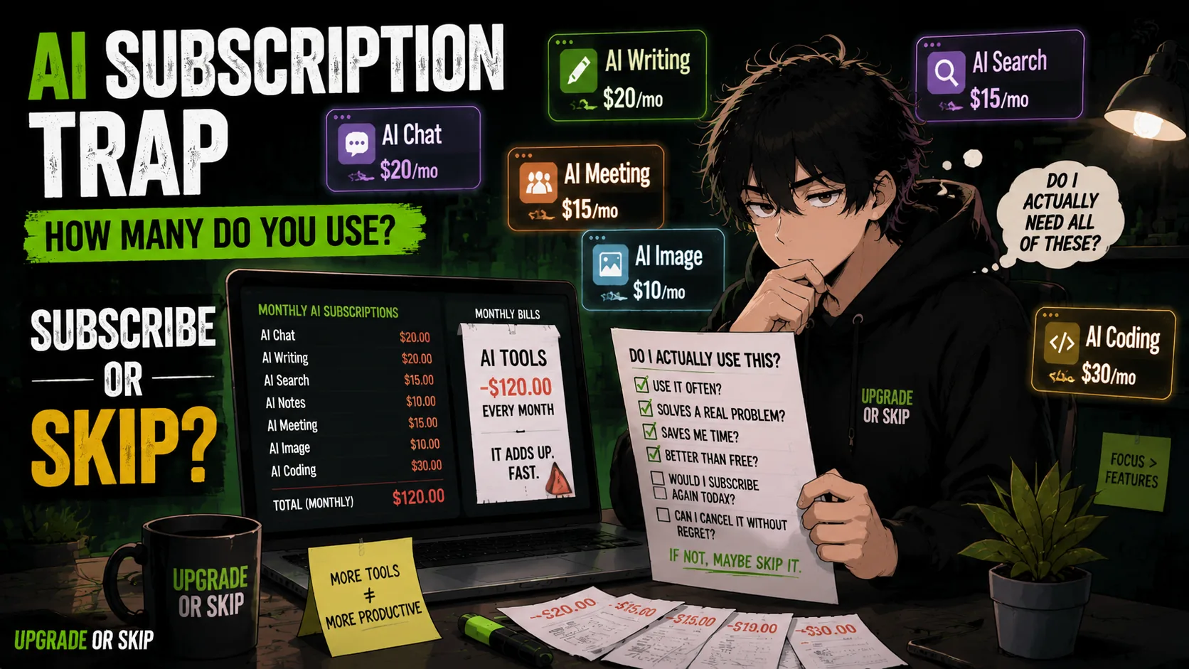 A tech user overwhelmed by multiple AI subscriptions and monthly bills