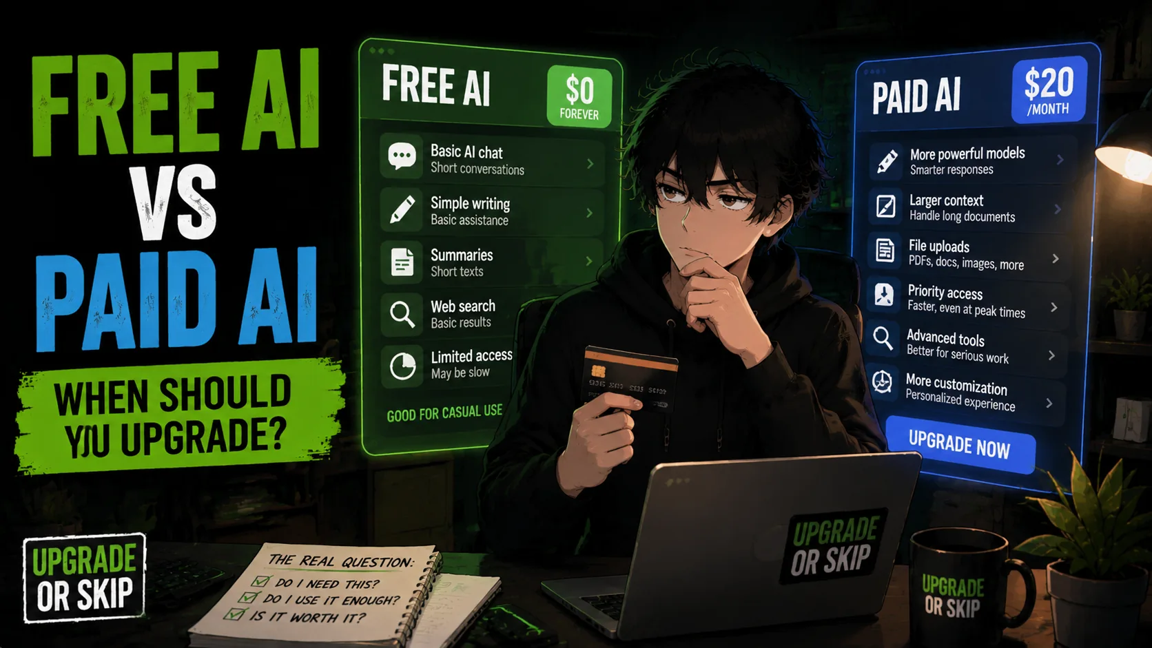 A tech user comparing free AI and paid AI before deciding whether to upgrade