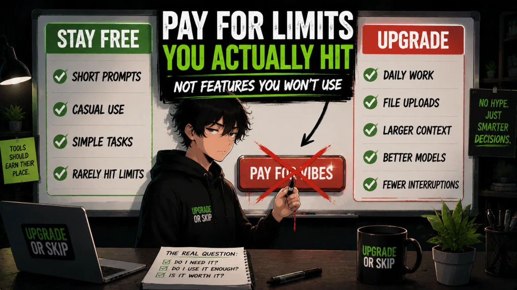 A checklist showing when free AI is enough and when paid AI is worth upgrading