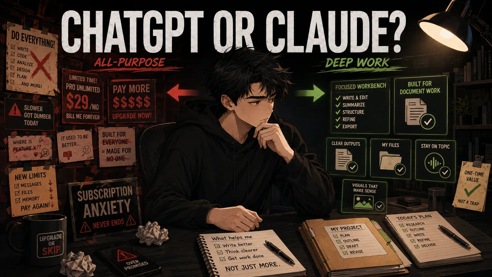 Skip compares ChatGPT and Claude as a subscription decision between everyday AI tasks and focused deep work.