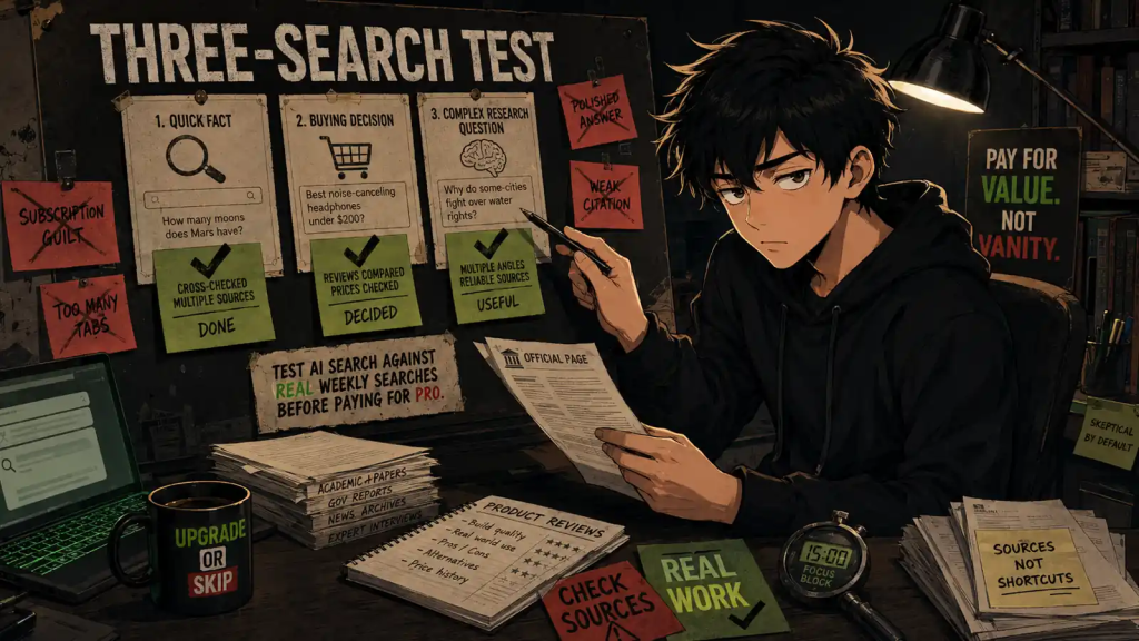 Skip reviews a three-search test board to decide whether Perplexity Pro is useful beyond normal Google search.