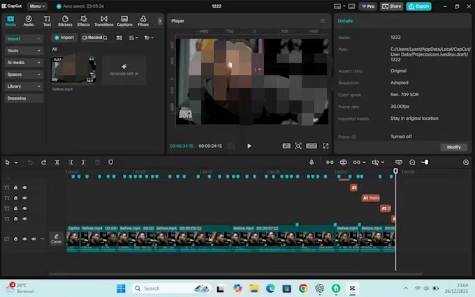 CapCut desktop editing timeline with video, audio, and caption tracks