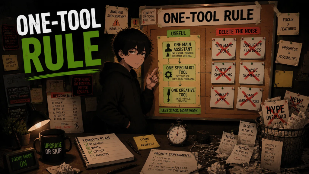 Skip reviews a one-tool rule board showing how to reduce AI tool overload and unnecessary subscriptions.