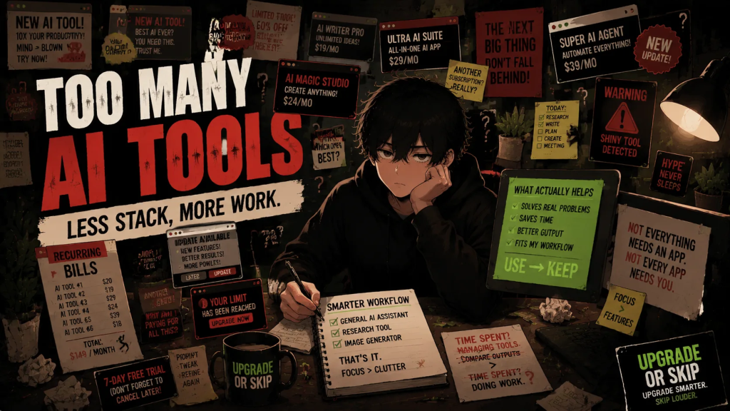 Skip sits at a cluttered desk surrounded by too many AI tools, subscription cards, and workflow alerts.