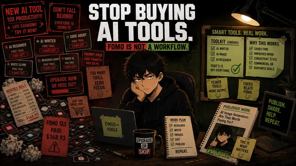 Skip sits at a desk surrounded by AI subscription cards and hype alerts, questioning whether buying more AI tools is actually useful.