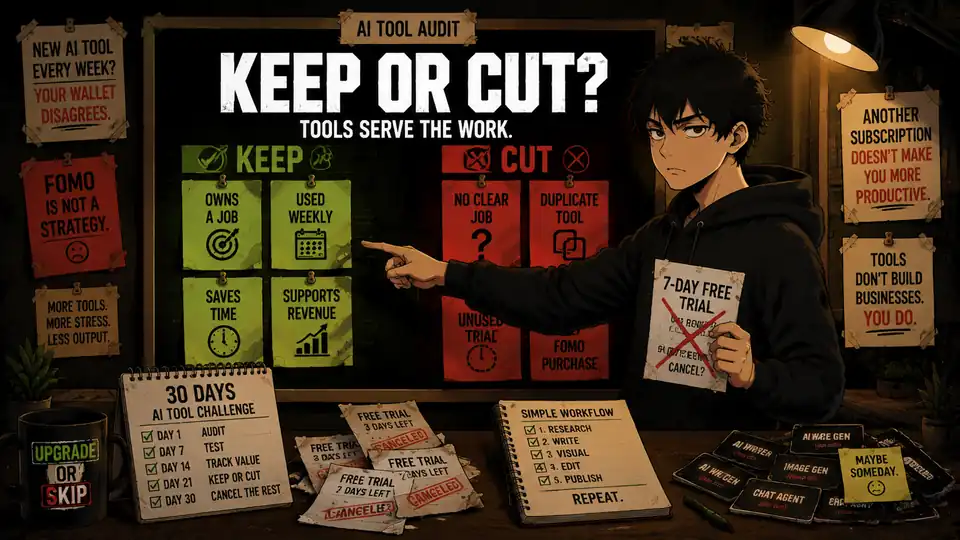 Skip stands beside an AI tool audit board, deciding which subscriptions to keep or cut based on real value.