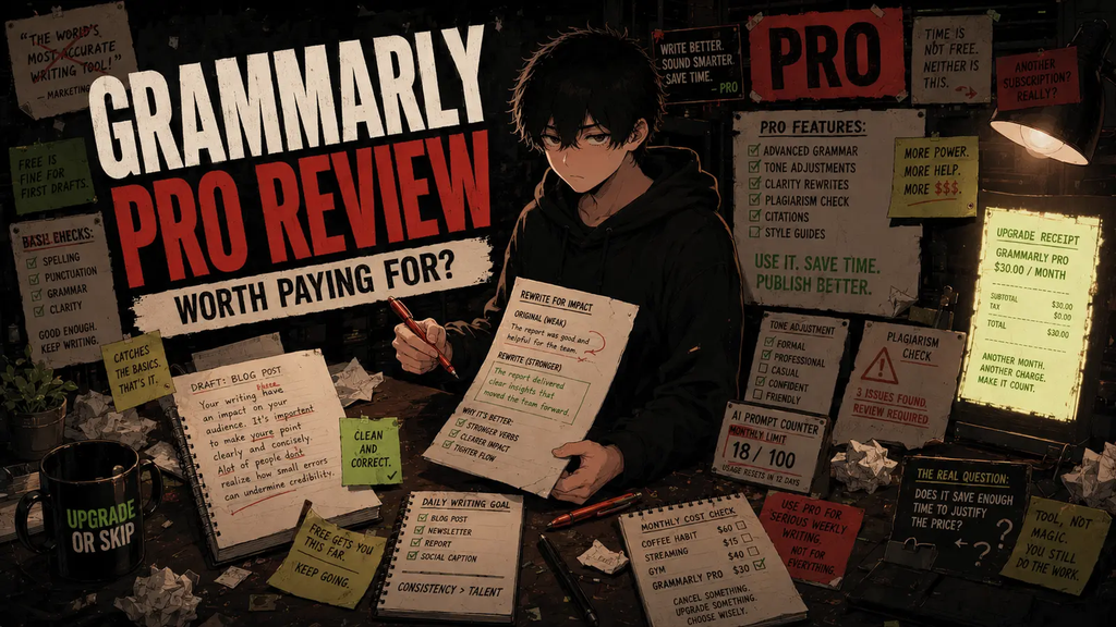 Upgrade or Skip mascot Skip reviewing Grammarly Pro against the free plan with writing edits, subscription notes, and upgrade decision cues.