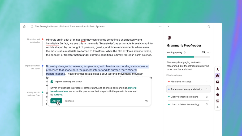 Grammarly Pro proofreading interface showing writing quality score, clarity suggestions, and sentence rewrite recommendations during a hands-on test.