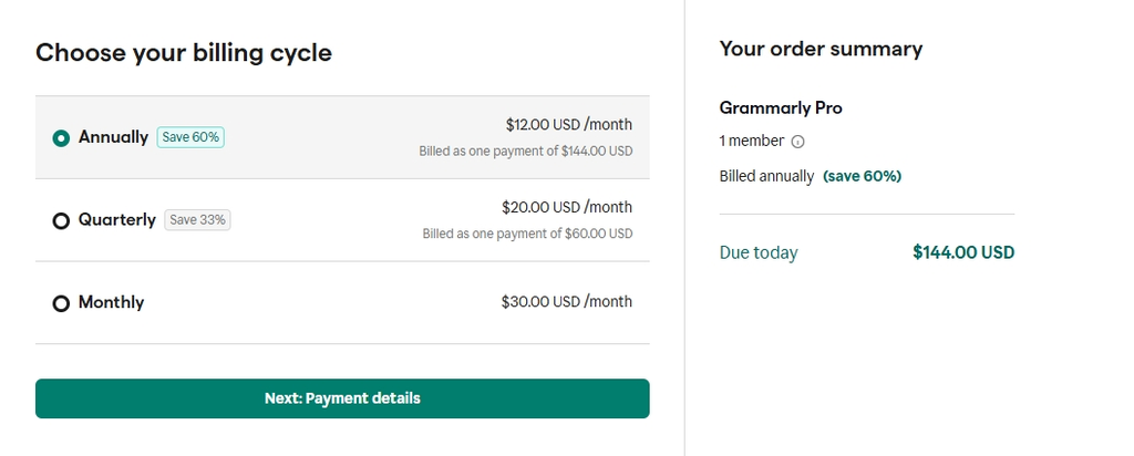 Grammarly Pro checkout page showing annual, quarterly, and monthly billing options with the annual plan priced at $144 per year.