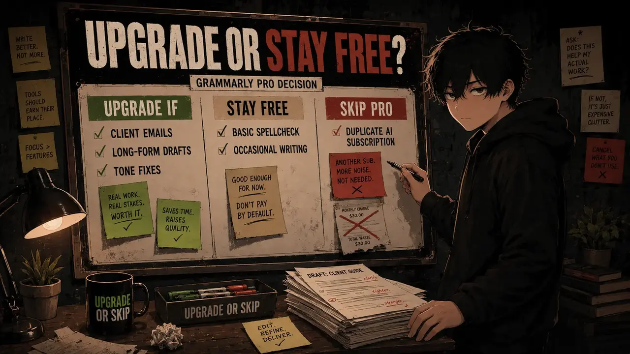 Upgrade or Skip mascot Skip reviewing Grammarly Pro against the free plan with writing edits, subscription notes, and upgrade decision cues.