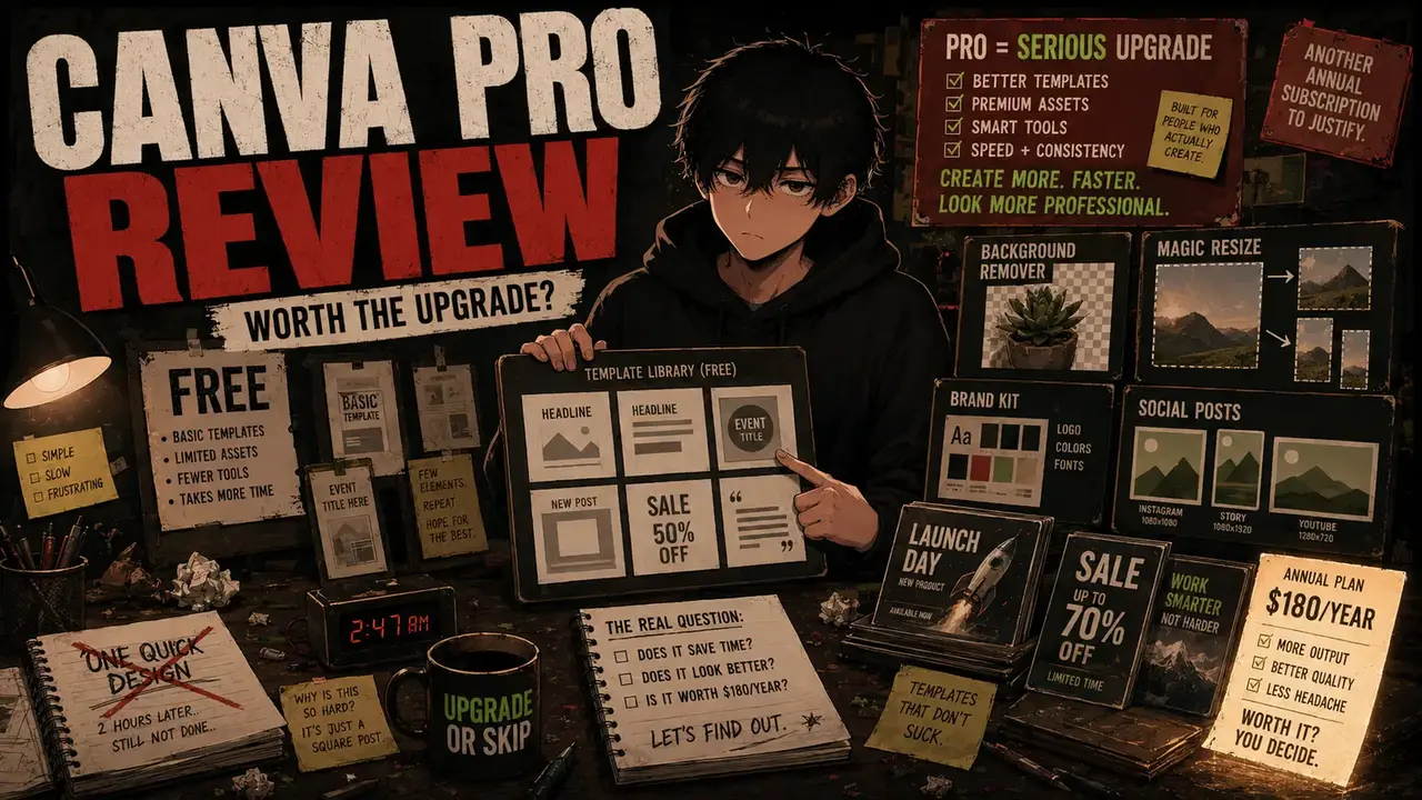 Upgrade or Skip mascot Skip reviewing Canva Pro against Canva Free with templates, design tools, and subscription upgrade cues.