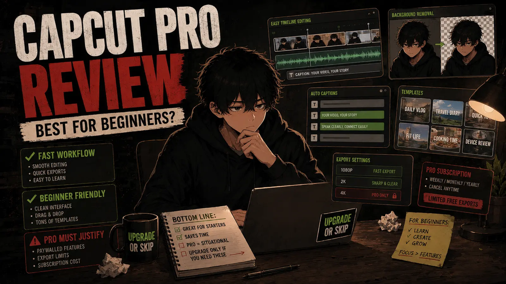 Upgrade or Skip mascot Skip reviewing CapCut Pro with video editing timelines, captions, templates, export settings, and subscription upgrade cues.