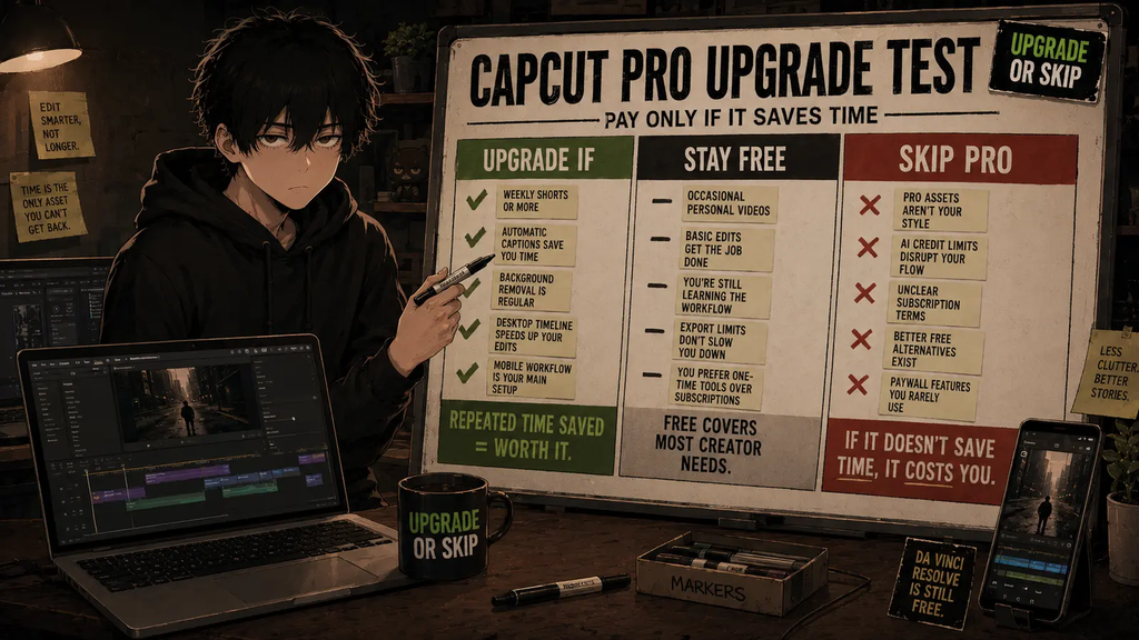 Skip standing beside a CapCut Pro upgrade test board showing when beginners should upgrade, stay free, or skip the paid plan.