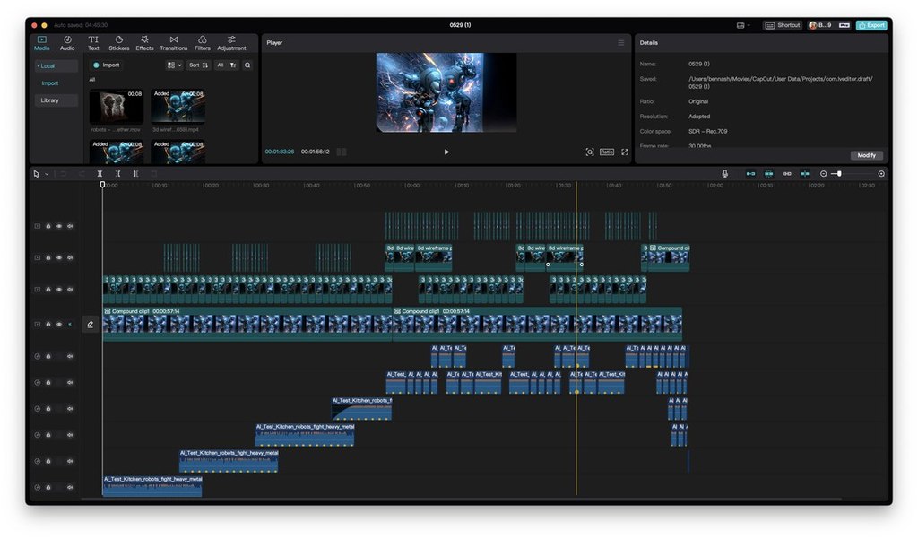 A real CapCut Desktop project showing multiple video clips, audio tracks, compound clips, and a populated editing timeline.
