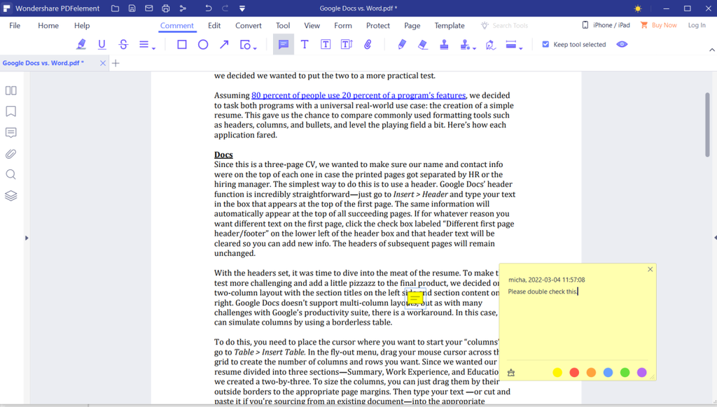 PDFelement annotation and review tools during PCWorld testing