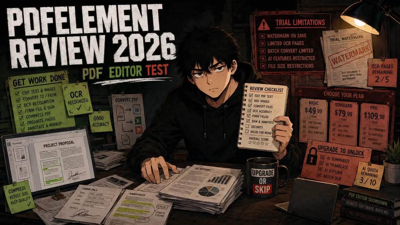 Upgrade or Skip mascot Skip reviewing PDFelement with PDF editing tools, OCR, conversion, pricing checks, and trial watermark warnings.