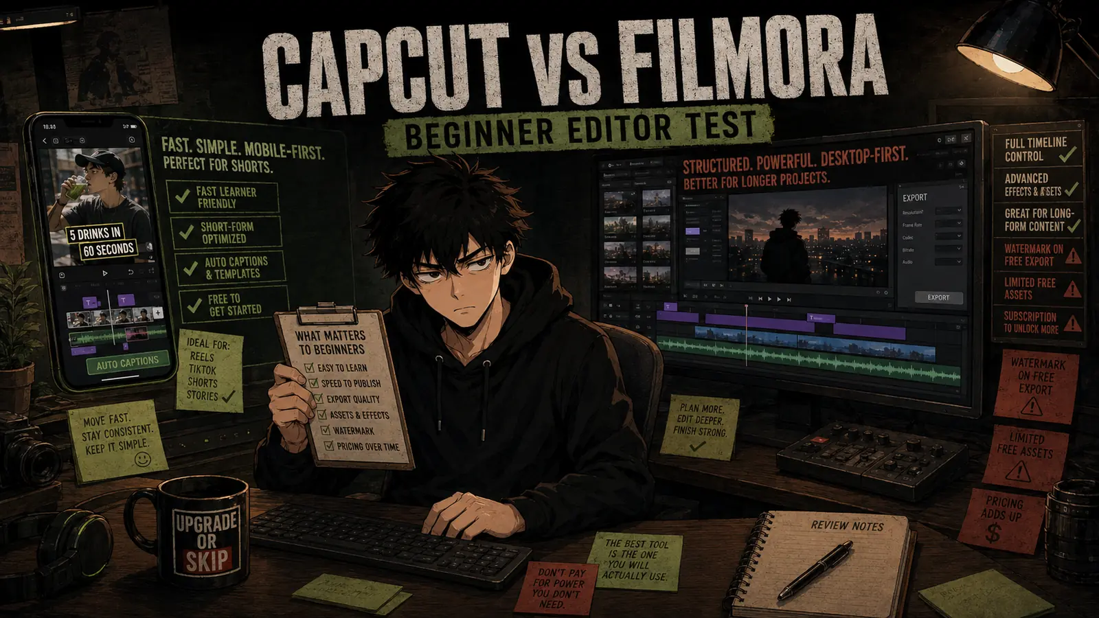 CapCut vs Filmora beginner video editor comparison showing short-form editing and desktop timeline workflows