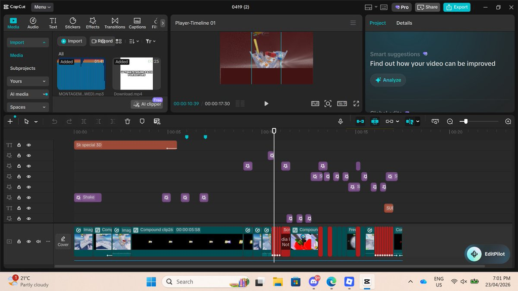 CapCut desktop editing interface showing a beginner video editing timeline during testing