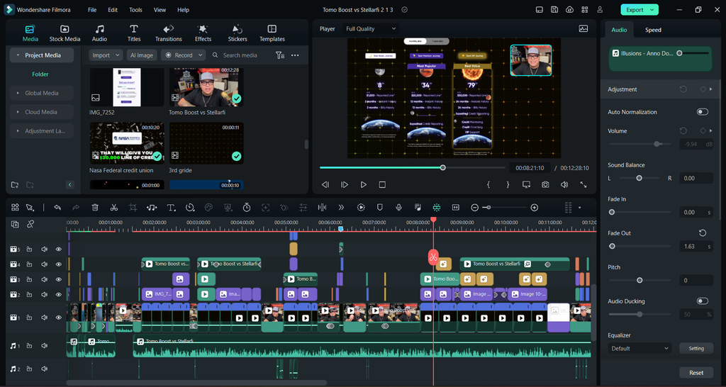 Filmora desktop editing interface showing a multi-track timeline for a beginner video project