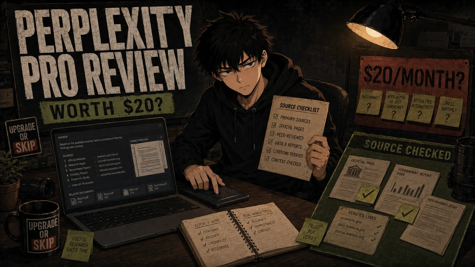 Perplexity Pro review illustration showing AI research, source checking, and a $20 monthly upgrade decision