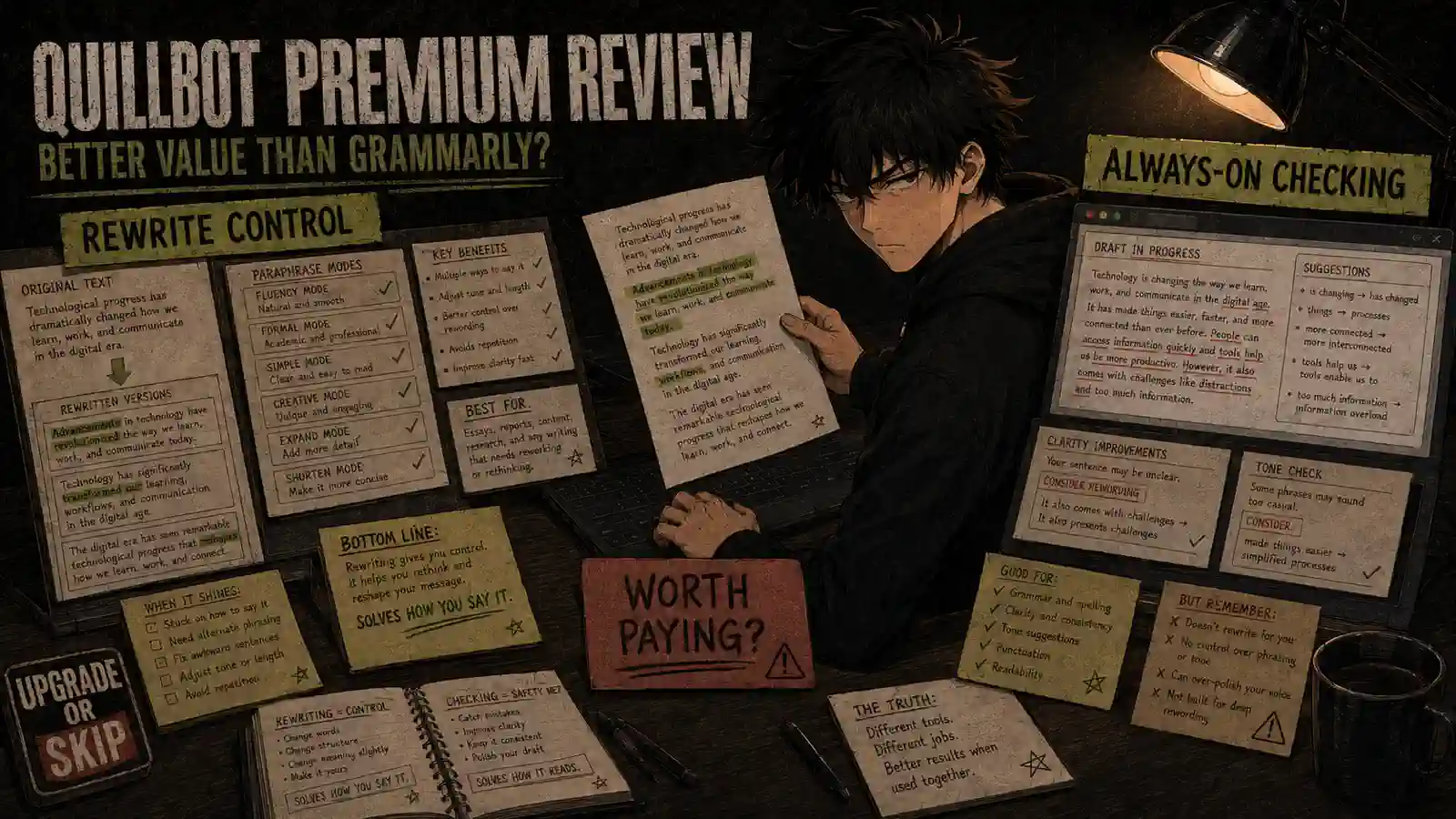 QuillBot Premium review illustration comparing rewriting control with always-on grammar correction