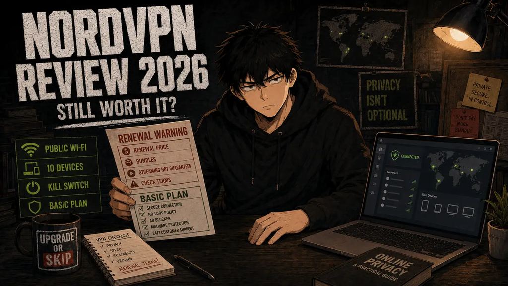 NordVPN review illustration showing VPN privacy value, Basic plan choice, device protection, and renewal price warnings
