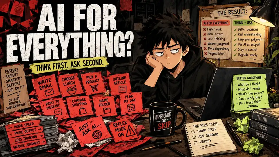 Skip sits at a cluttered desk surrounded by AI prompt slips, showing the problem of using AI for every decision.