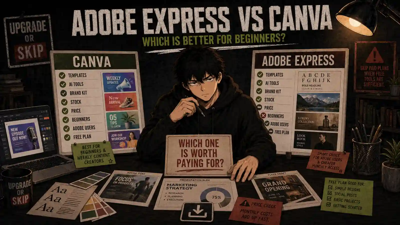 Skip comparing Canva and Adobe Express templates, pricing, AI tools, and free plans for beginners.