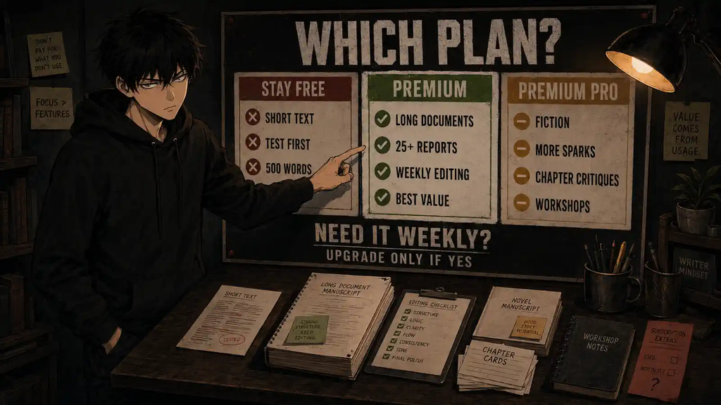 Skip comparing ProWritingAid Free, Premium, and Premium Pro plans for long-form writers