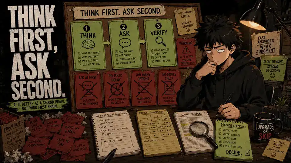 Skip reviews a Think First Ask Second board showing how to use AI as a second brain instead of a first brain.