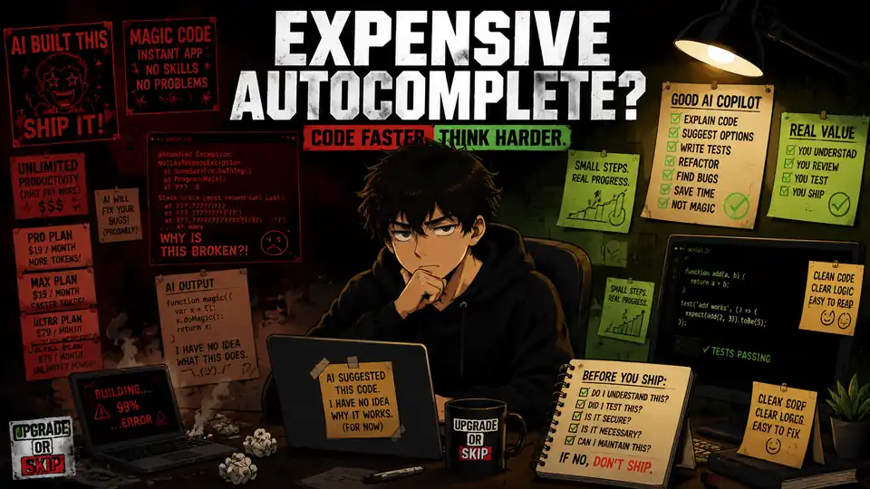 Skip sits at a coding desk between chaotic AI-generated code and a cleaner practical workflow, questioning whether AI coding tools are worth paying for.