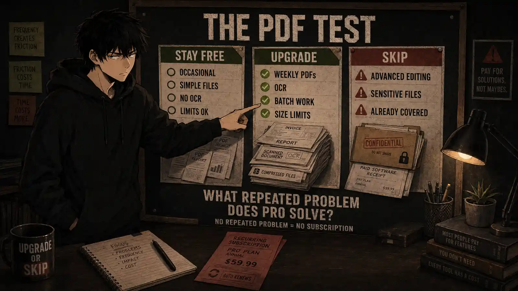 Smallpdf Pro upgrade decision showing when to stay free, upgrade, or skip based on PDF workload