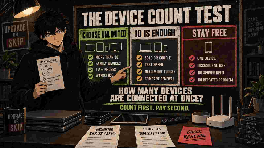 Skip uses a device-count test to choose an unlimited VPN, a 10-device plan, or a free VPN for occasional use.